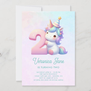 Convite Unicórnio Fofo Azul Turquesa e Rosa Aniversário de