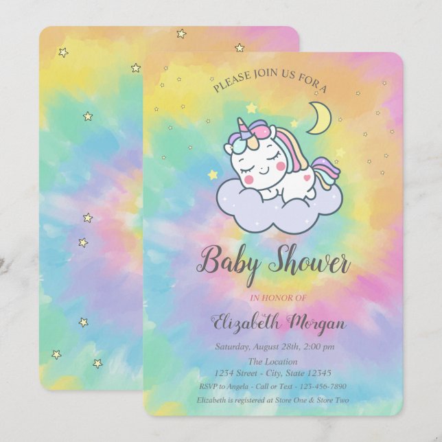 Convite Unicórnio Fofo, Nuvem, Estrelas Tie Dye Chá de Beb (Frente/Verso)