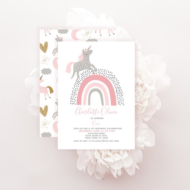 Convite Unicórnio Moderno Arco-íris Rosa Suave Aniversário (Criador carregado)