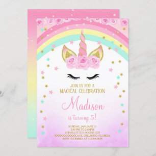 Convite Unicórnio Rosa Convidar Com Estrelas De Ouro