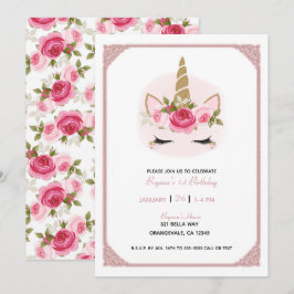 Convite Unicórnio Rosa e Dourado Rosas Florais Aniversário