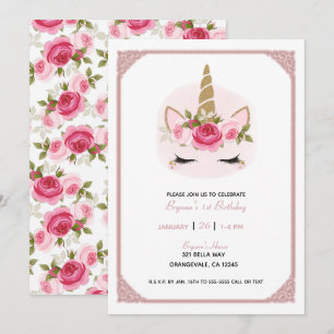 Convite Unicórnio Rosa e Dourado Rosas Florais Aniversário