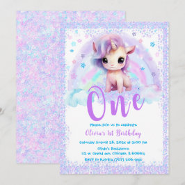 Convite Unicórnio Rosa e Roxo 1º aniversário 