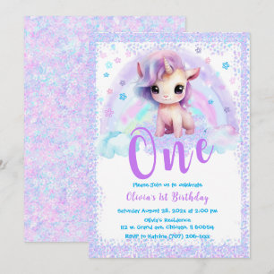 Convite Unicórnio Rosa e Roxo 1º aniversário 
