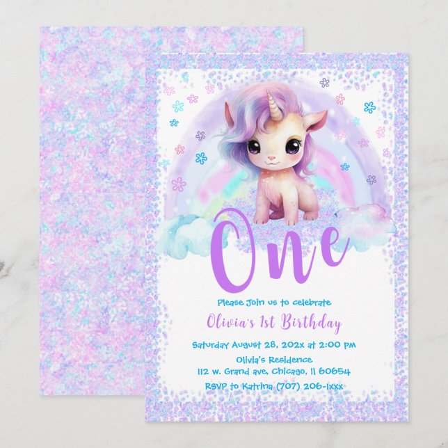 Convite Unicórnio Rosa e Roxo 1º aniversário  (Frente/Verso)