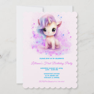 Convite Unicórnio Rosa e Roxo Personalizado para 1º Aniver