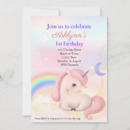 Convite Unicórnio Rosa Elegante Personalizado em Aquarela