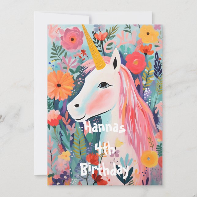 Convite Unicórnio Rosa Flora em Flor (Frente)