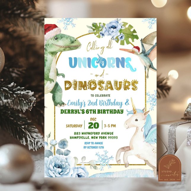 Convite Unicórnios de Natal e Aniversário Conjunto de Dino (Criador carregado)
