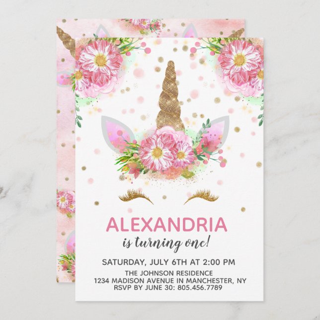 Convite Unicórnios em Bloom (Frente/Verso)