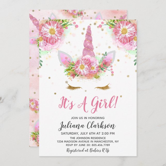 Convite Unicórnios em Bloom Chá de fraldas (Frente/Verso)