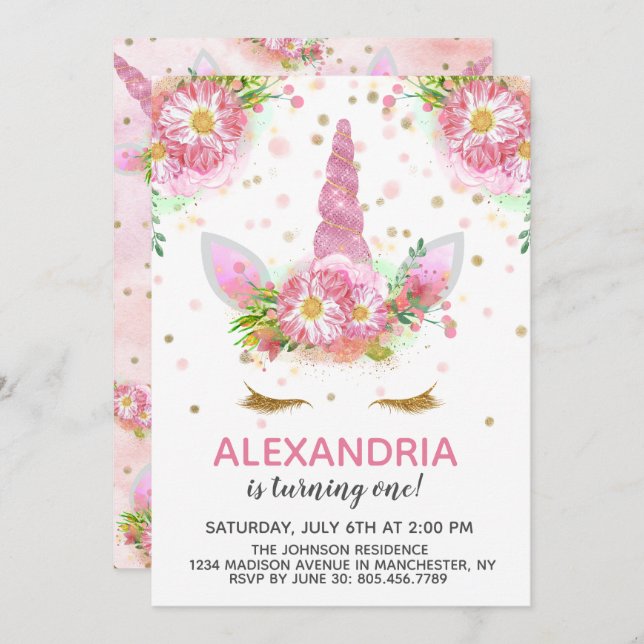Convite Unicórnios no Bloom Birthday (Frente/Verso)