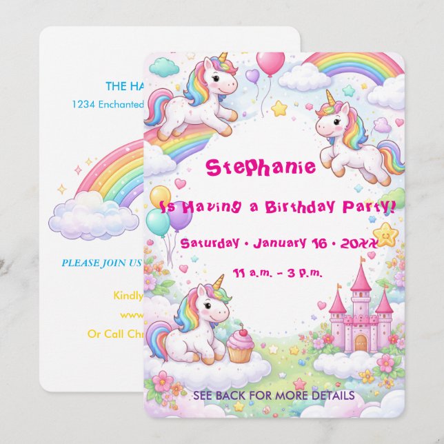 Convite Unicorns & Rainbows Pastel Childs Birthday (Frente/Verso)