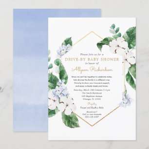 Convite Unidade azul de ouro floral por chá de fraldas pr