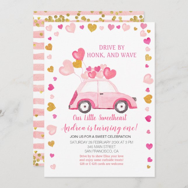 Convite Unidade de Balão Rosa por Aniversário de Namorados (Frente/Verso)