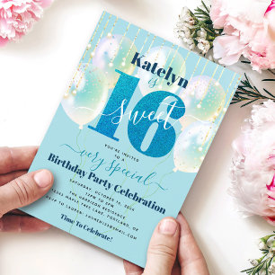 Convite Unidade De Brilho Azul Por Doce 16 Balões De Aniv