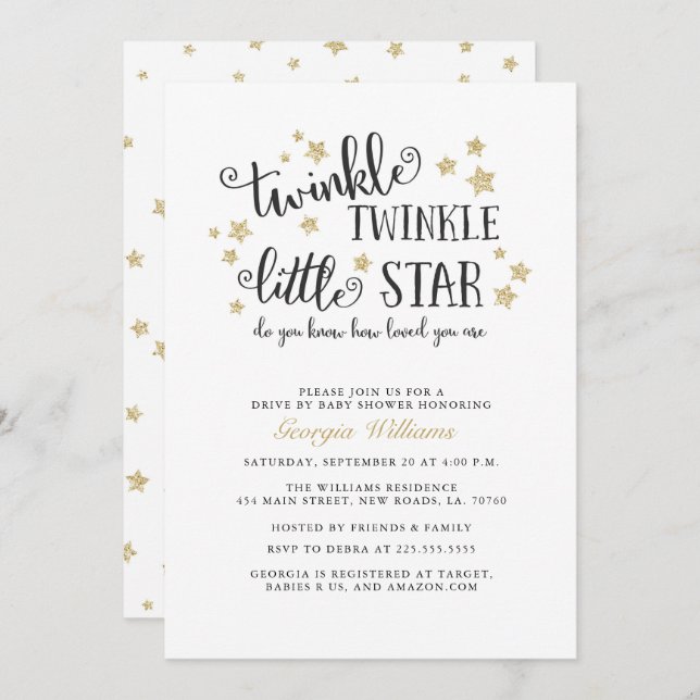 Convite Unidade de Brilho Dourado por Chá de fraldas (Frente/Verso)