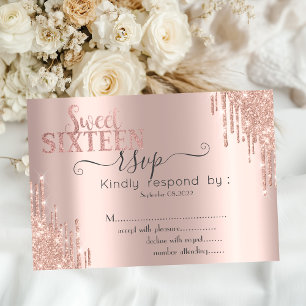 Convite Unidade de Rosa de Glitter Chic Sweet 16 RSVP Dour
