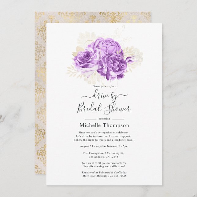 Convite Unidade Floral de Púrpura e Marfim por Chá (Frente/Verso)