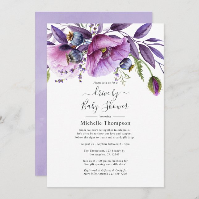 Convite Unidade Floral Pastel Violet Poppy Por Chá (Frente/Verso)