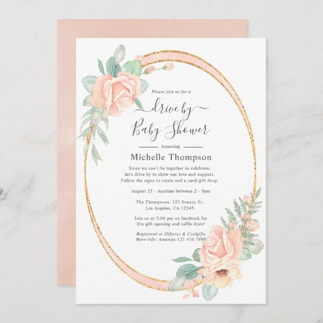 Convite Unidade Floral Rosa Pastel por Chá (Frente/Verso)