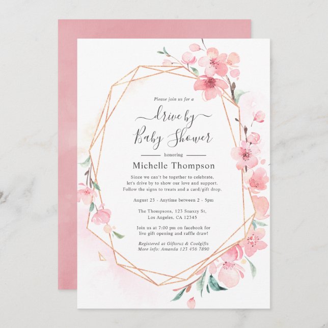 Convite Unidade Geométrica De Flor De Cereja Rosa Por Chá (Frente/Verso)