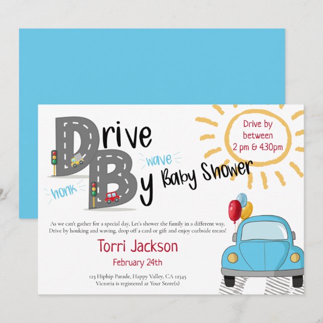 Convite Unidade por carro azul Chá de fraldas e balões (Frente/Verso)
