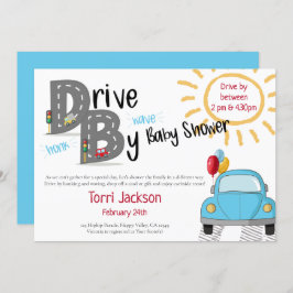 Convite Unidade por carro azul Chá de fraldas e balões