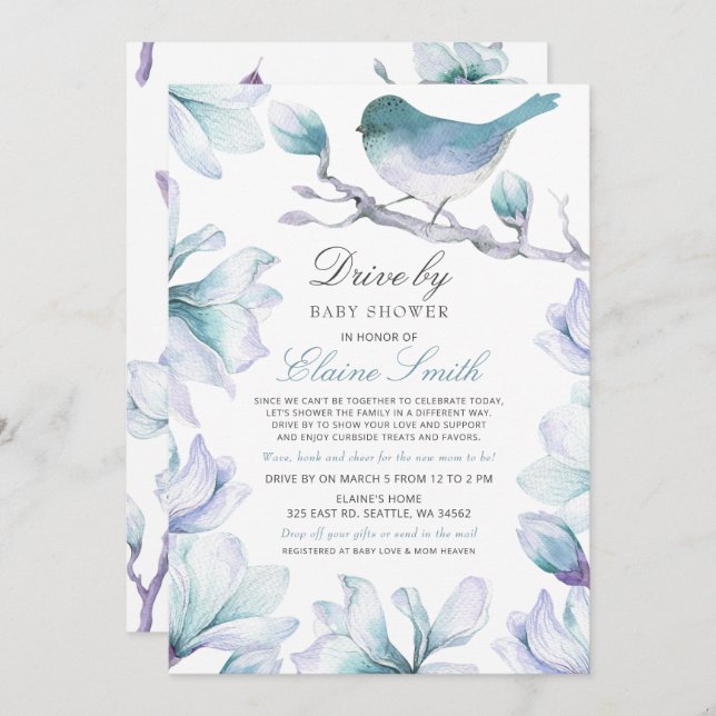 Convite Unidade por Chá de fraldas Floral Blue Bird (Frente/Verso)