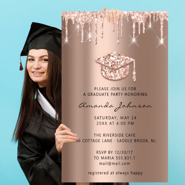 Convite Unidades de formando Rosa Boné Dourado Blush 3D (Graduate Party Drips Rose Gold Cap 3D Blush Invitation)