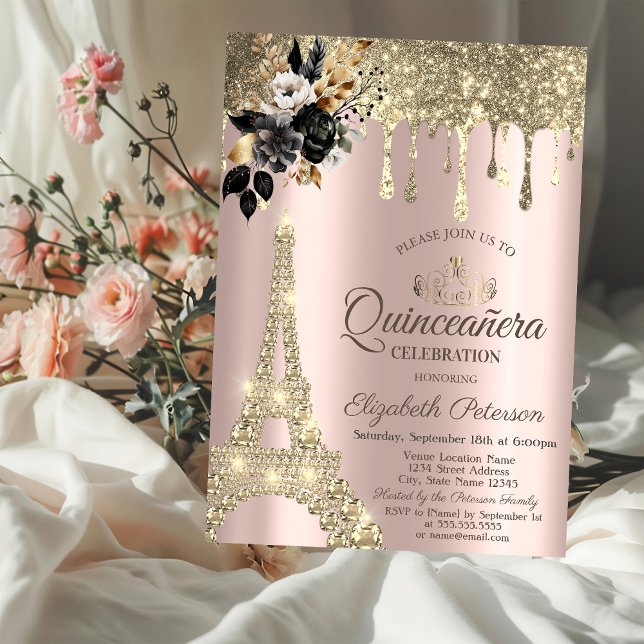 Convite Unidades Douradas da Torre Eiffel de Rosas Pretos (Criador carregado)