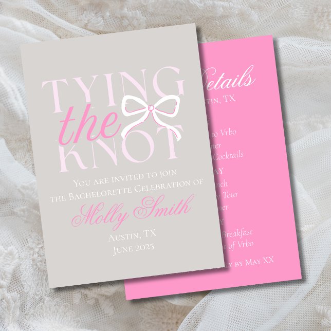 Convite Unindo o Nó Arco Rosa Itinerário de Despedida de S (Tying the Knot bow invite with modern serif font – perfect for bachelorette or bridal celebrations!)