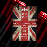 Convite Union Jack UK Flag Bachelor Party<br><div class="desc">Sindicato legal e divertido Jack "Fique calmo e festejado",  despedida de solteiro,  convida design. Todo o texto padrão pode ser totalmente personalizado com suas próprias palavras,  assim como alterar as fontes,  os tamanhos e as cores do texto.</div>