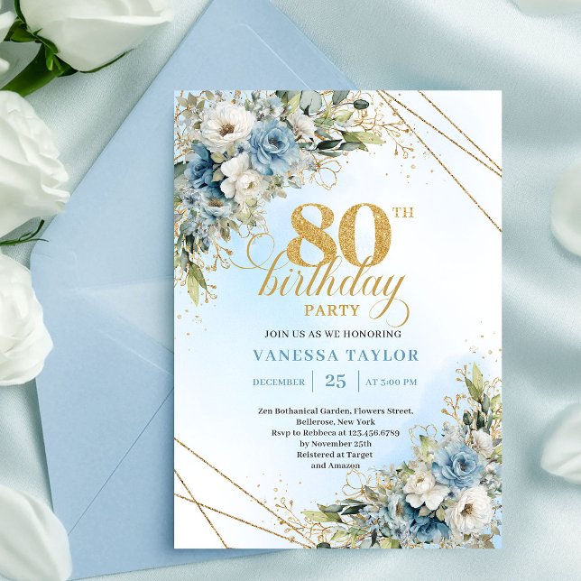 Convite Unique 80th Birthday Invitation Boho Blue White  (Unique 80th Birthday Invitation Boho Blue White Florals)
