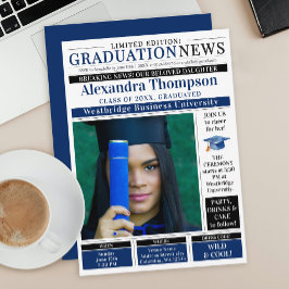 Convite Unique Blue Graduation Newspaper Breaking News