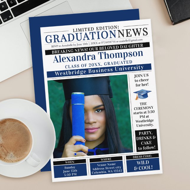 Convite Unique Blue Graduation Newspaper Breaking News (Criador carregado)