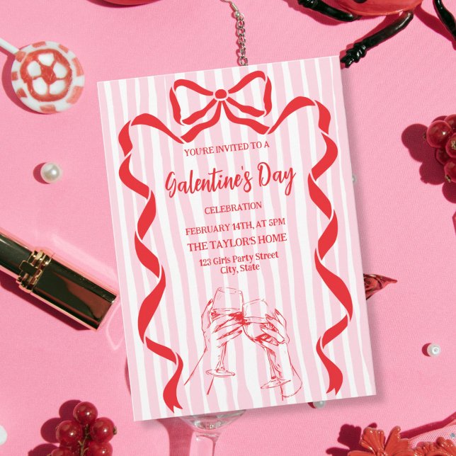Convite Unique Cocktail Galentine's Day Party Brunch  (red bow champagne girls galentine party invitation)