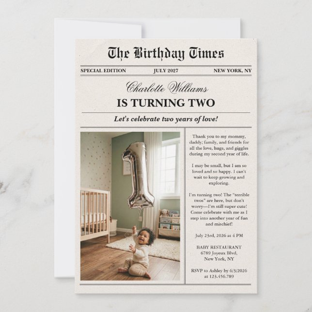 Convite Unique Fun Newspaper Photo 2nd Birthday (Frente)