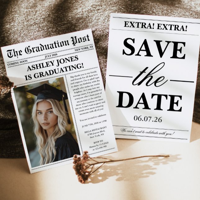 Convite Unique Fun Newspaper Photo Graduation  (Criador carregado)