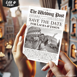 Convite Unique Fun Photo Save the Date Wedding Newspaper