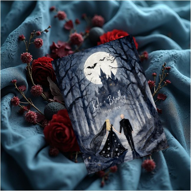 Convite Unique Gothic Forest Wedding Couple Haunted Castle (Unique Gothic Forest Wedding Couple Haunted Castle Invitation Card Design.)