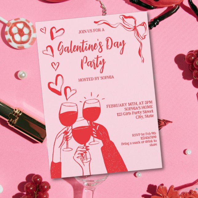 Convite Unique Hand Drawn Pink Red Galentine's Day Party (Unique Hand Drawn Pink Red Galentine's Day Party Invitation)