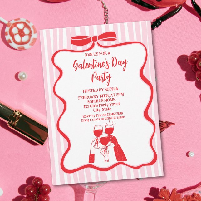 Convite Unique Hand Drawn Pink Red Galentine's Day Party (Whimsy Hand Drawn Pink Red Galentine's Day Party Invitation)