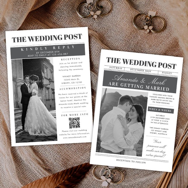Convite Unique Newspaper Wedding Black and white (Criador carregado)