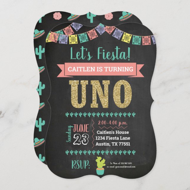 Convite Uno First Birthday Chalkboard Invation Girl (Frente/Verso)