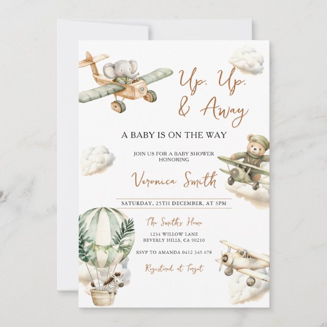Convite Up & Away, Hot Air Balloon Airplane Baby Shower (Frente)