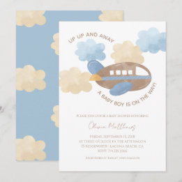 Convite Up Up and Away Watercolor Airplane Boy Baby Shower
