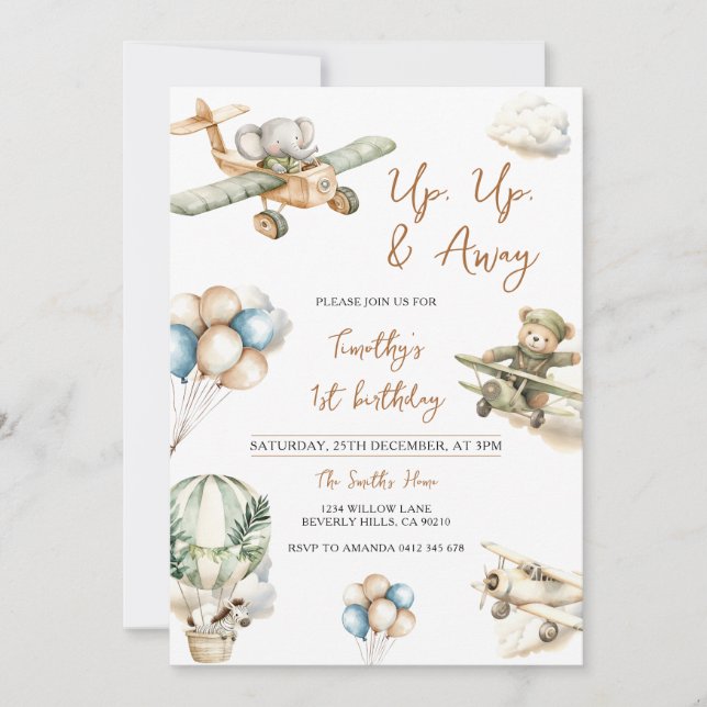 Convite Up Up & Away Airplane Boy 1st Birthday (Frente)