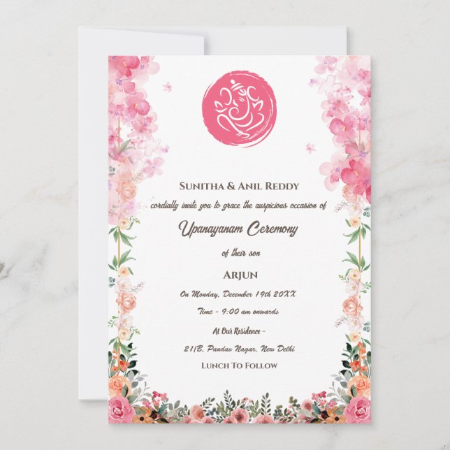 Convite Upanayanam t.c.p. Hindu Thread Janeu Ceremony (Frente)