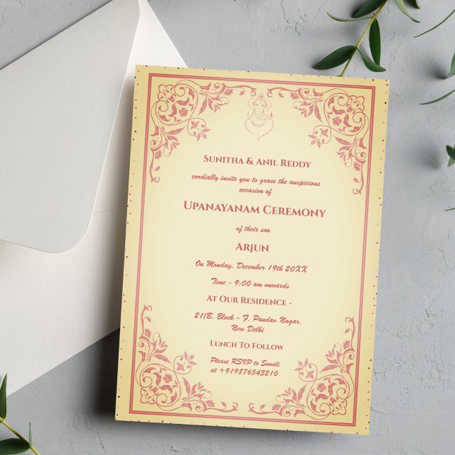 Convite Upanayanam t.c.p. Hindu Thread Janeu Ceremony (Criador carregado)